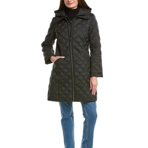 Women's Tahari Laura Quilted Bib Hooded Coat Noir Black - Size Medium